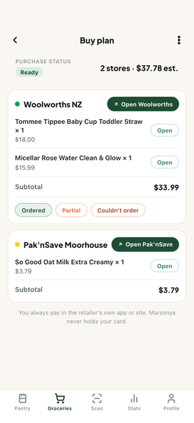 Buy Plan screen splitting a shopping list between two stores with a total for each