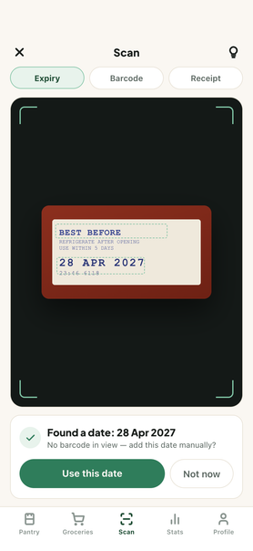 Expiry scanner reading a printed best-before date on a food label, with the recognised date ready to add