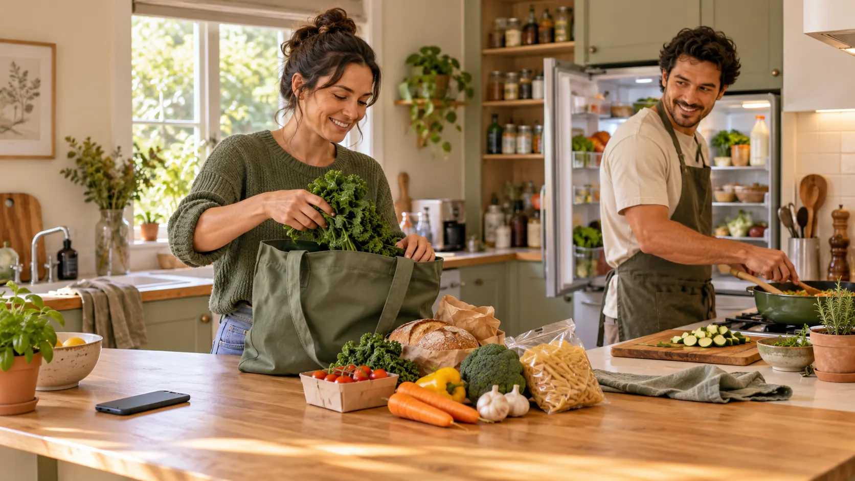 Illustration of household members unpacking groceries and preparing food together in a home kitchen.