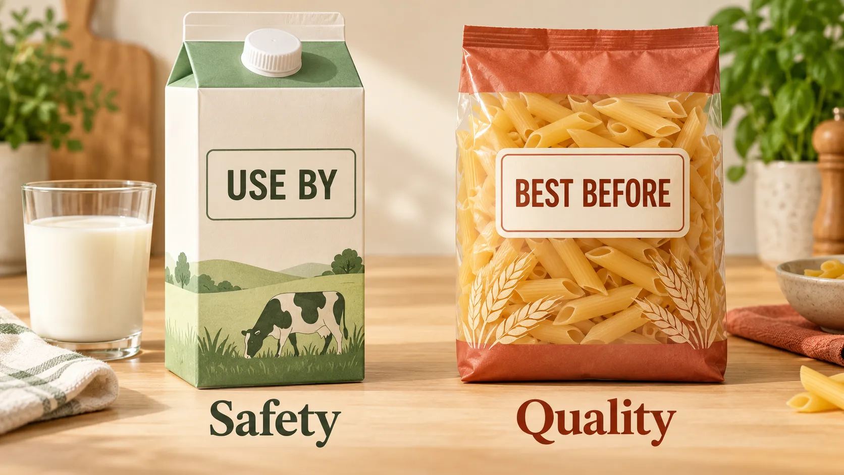 Illustrative food labels contrasting use-by for safety with best-before for quality.