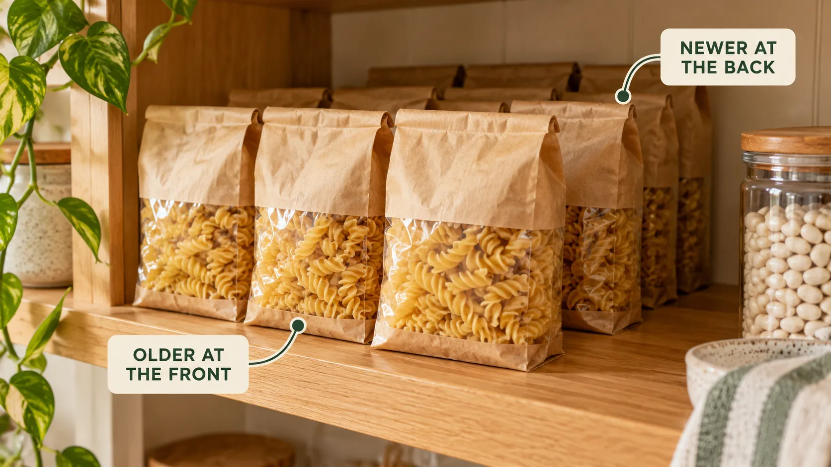 Older pasta packets at the front of a pantry shelf, with newer stock behind.