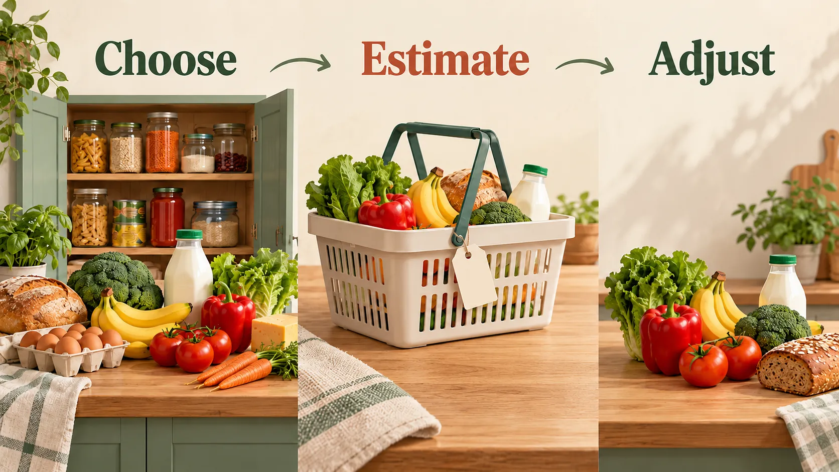 Choose groceries, estimate the planned shop and adjust the selection.