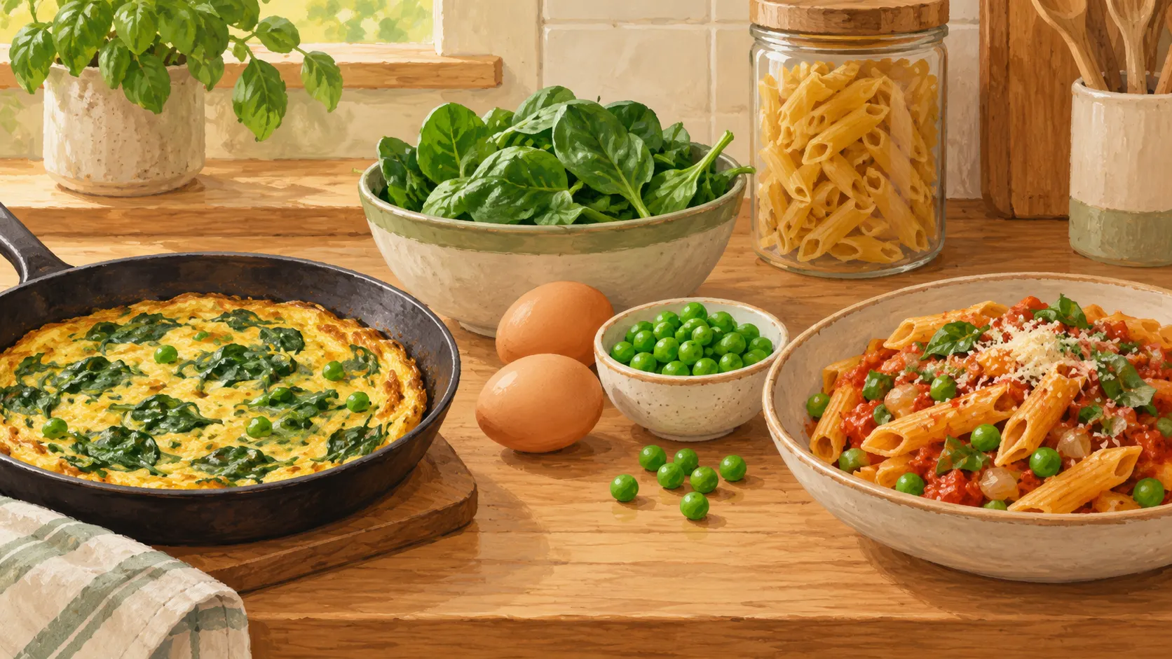 Illustration of spinach, eggs and peas beside a vegetable omelette and a bowl of tomato pasta with peas.